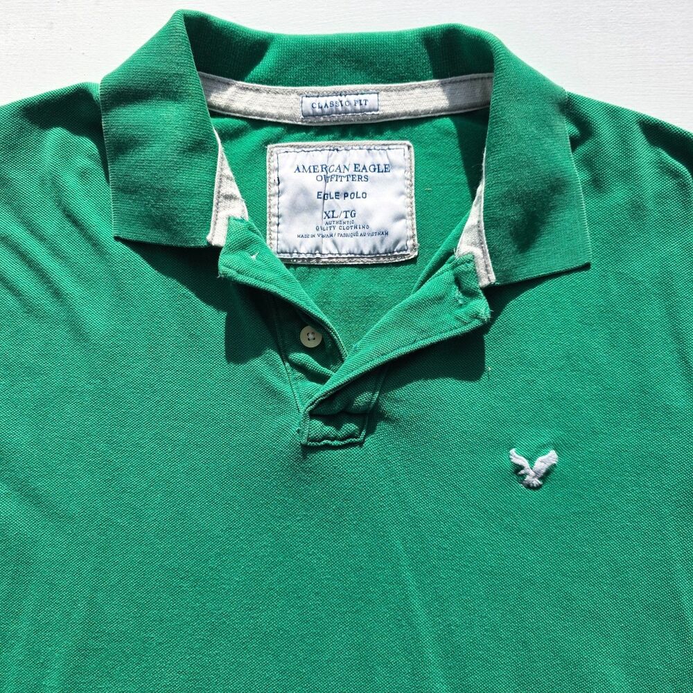 American Eagle Polo Shirt Mens L Classic Fit Green Short Sleeve 100% Cotton Y2K